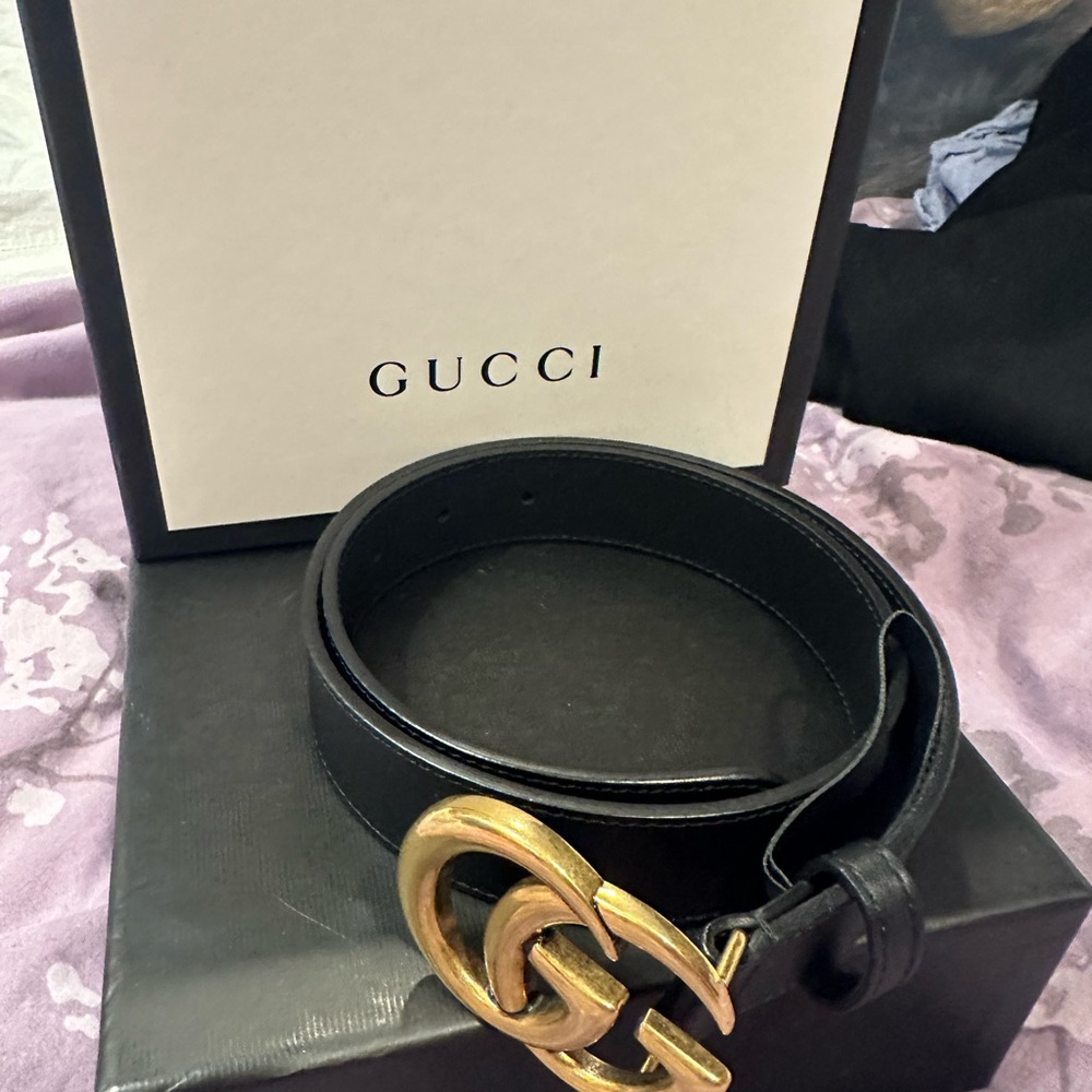 Authentic Gucci Black Leather Belt with Gold Buckle
